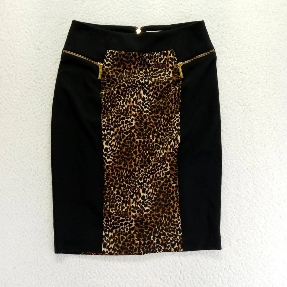 Michael Kors Pencil Skirt Leopard Print Black Gold Zip‎ Womens Size 2